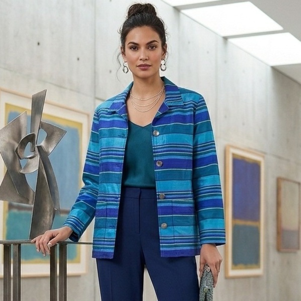 Vintage Chico's‎ Jacket Blazer Women's Medium 100% Silk Striped Blue Y2K